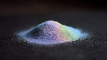A captivating close-up of a colorful powder pile set against a dark surface, showcasing vibrant hues and soft lighting that enhances its intricate textures and artistic appeal.の素材