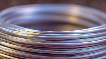 This close-up image features coiled metallic wire in silver and gold shades, highlighting its smooth textures and reflective surfaces, ideal for various industrial applications.の素材