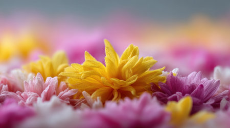 Discover a stunning close-up of colorful fabric flowers, featuring a striking yellow bloom surrounded by pink and white petals, perfect for creative inspiration and beautiful decor.の素材