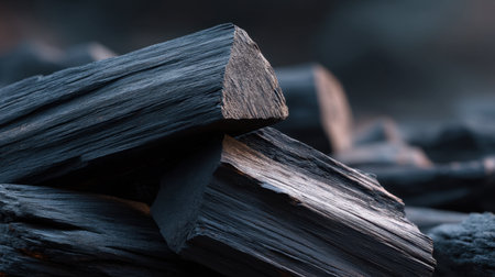 Close-up view of natural charcoal fragments exhibiting unique textures and shapes, perfect for artistic backgrounds and creative photography projects.の素材