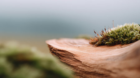 This image showcases the intricate beauty of a wooden surface adorned with lush green moss. Captured in a serene outdoor setting, it reflects nature's tranquility.の素材