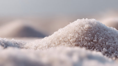 A detailed close-up of fine salt crystals showcases their unique texture and beauty. This image captures the natural appeal of salt in a serene environment.の素材