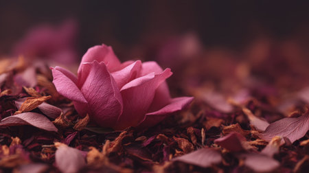 A beautiful pink flower rests gracefully among dried petals, creating a soft and romantic ambiance while highlighting the delicate intricacies of nature's design.の素材