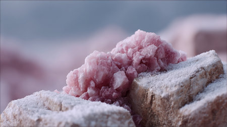 Discover the captivating beauty of pink Himalayan salt crystals showcasing stunning textures and colors against a rocky surface, ideal for food styling and culinary art.の素材
