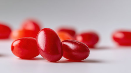 A vivid close-up view of shiny red jelly beans scattered on a light surface. Ideal for highlighting sweet treats perfect for celebrations and joyful moments.の素材