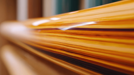 This close-up image highlights a stunning wooden surface featuring vibrant orange and yellow stripes. The intricate grain patterns and polished finish enhance the natural beauty, perfect for various design projects.の素材