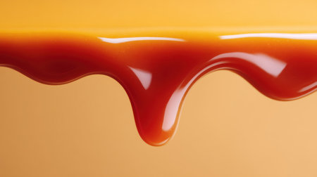This backdrop features a captivating close-up of liquid caramel gracefully dripping, showcasing its glossy texture against a warm-toned surface, perfect for food art.の素材