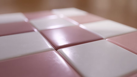 This image showcases a close-up view of glossy pink and white tiles arranged on a smooth surface, illuminated by soft lighting that enhances the textures and colors.の素材