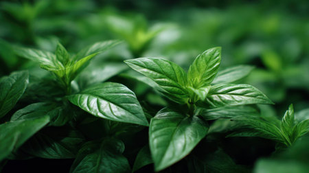 Explore the beauty of nature with this close-up image of fresh green leaves showcasing vibrant textures and a tranquil environment, ideal for wellness themes.の素材