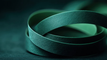 This artistic image captures intertwined green paper ribbons against a dark background, highlighting texture and elegance, perfect for design and craft projects.の素材