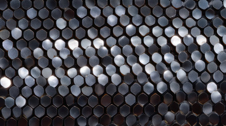 Discover a detailed close-up of a hexagonal metal pattern, showcasing reflections and a shiny surface. Perfect for modern backgrounds and artistic visuals.の素材