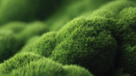 This captivating close-up image showcases a vibrant green moss texture, featuring a soft and fluffy surface that evokes a sense of tranquility and natural beauty.の素材