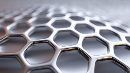 Close-up view of a sleek metallic honeycomb structure. The intricate geometric design showcases reflections, adding a modern touch to technology-themed visuals.の素材