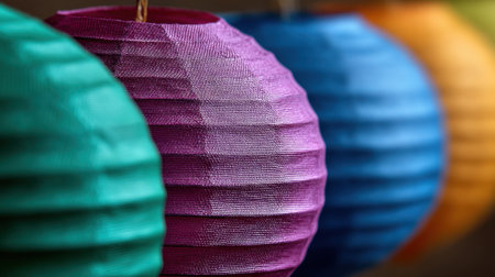 A captivating display of colorful paper lanterns hanging in a row, perfect for adding a vibrant touch to any gathering, event, or celebration with their charming design.の素材