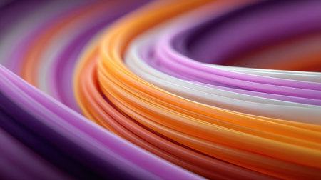 A stunning abstract image featuring colorful plastic tubes arranged in a smooth curve. The vibrant hues of violet, purple, orange, and white create an eye-catching design.の素材