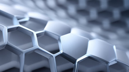 A captivating closeup of interconnected hexagonal shapes in a sleek metallic design, perfect for themes of technology, innovation, and modern aesthetics.の素材