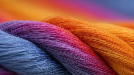 This close-up image showcases vibrant textile fibers in rich shades of purple, orange, and blue, ideal for design projects, crafts, and artistic inspiration.の素材