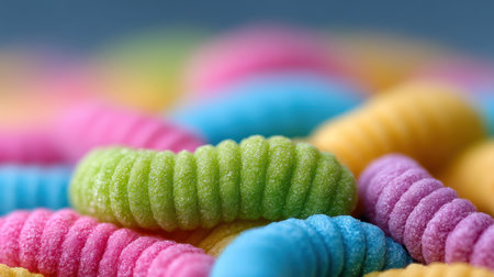 A vibrant and colorful display of gummy worms in pastel shades, perfect for candy-themed projects, celebrations, or sweet treats during festive occasions.の素材