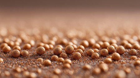 A captivating macro photograph featuring golden shimmering spheres on a textured surface, highlighting the intricate details and elegance of light reflections. Perfect for artistic projects.の素材