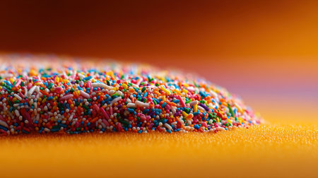 A bright close-up of colorful sprinkles nestled on an orange surface, perfect for use in culinary projects, festive themes, and creative visuals.の素材