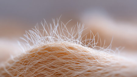 This image showcases a close-up view of delicate, light peach fibers on a soft fabric surface, highlighting intricate textural details perfect for design projects.の素材