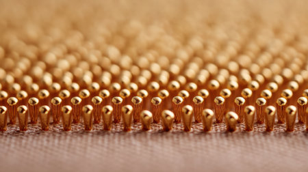 This macro photograph highlights a stunning metallic surface featuring a textured pattern with gleaming gold elements. Ideal for abstract art, design, and backgrounds.の素材