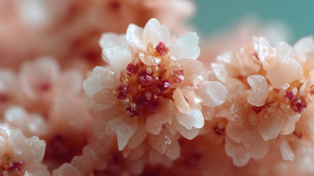 This stunning close-up image captures the beauty of delicate pink flowers with tiny red details, showcasing the intricate textures and vibrant colors found in nature.の素材