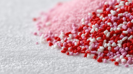 Vibrant and colorful sprinkles in shades of red, pink, and white create a playful mix on a clean white surface, perfect for decorating desserts and baking treats.の素材