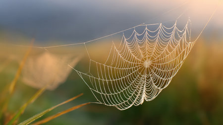 This striking image captures the intricate beauty of a spider web adorned with dew droplets, showcasing nature's artistry in soft morning light and serene surroundings.の素材