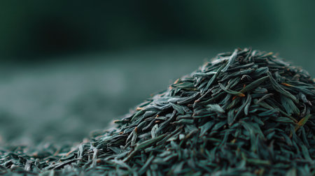 An artistic close-up image of organic dried cumin seeds piled on a textured wooden surface, with a soft focus background emphasizing the natural colors and details.の素材