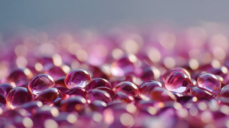 This stunning close-up captures shimmering pink water droplets resting on a surface, offering a vibrant and dreamy aesthetic with a soft bokeh background.の素材