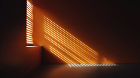 A serene interior scene featuring sunlight filtering through slatted blinds, casting warm patterns on the wall, ideal for evoking feelings of tranquility and comfort.の素材