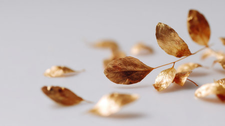Beautifully captured golden leaves resting on a white surface, showcasing intricate details and textures, perfect for campaigns, seasonal decor, and artistic themes.の素材