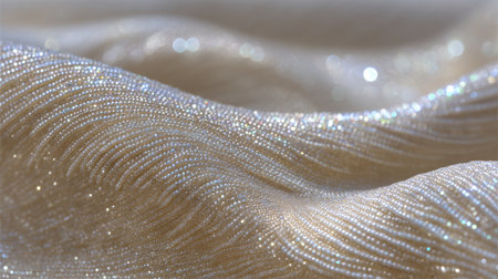A close-up view of shimmering fabric displaying intricate wave patterns under natural light, ideal for fashion, home decor, or artistic projects with soft elegance.の素材