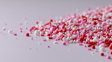 A vibrant mix of assorted sprinkles in red, pink, and white scattered artistically on a light pink surface, perfect for enhancing desserts and celebrating occasions.の素材