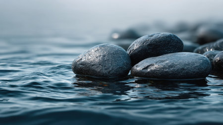 A serene composition featuring smooth black stones resting on a calm water surface, capturing the tranquil essence of nature with gentle light reflections.の素材