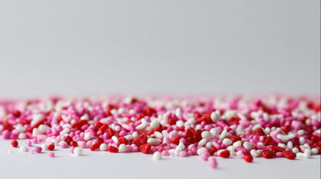 A vibrant collection of pink and red sprinkles scattered on a clean white background, perfect for enhancing desserts and adding a festive touch to culinary creations.の素材