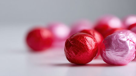 A vibrant arrangement of foil-wrapped chocolate candies in red and pink hues rests against a minimalist background, perfect for celebrations and sweet indulgences.の素材