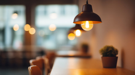 A warm and cozy cafe interior featuring stylish hanging lights, inviting wooden tables, and soft bokeh in the background, perfect for relaxation and social gatherings.の素材