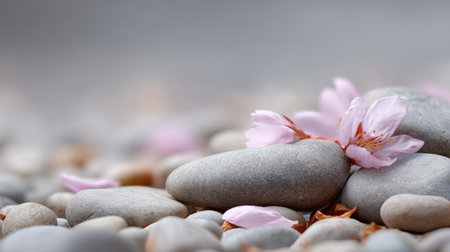 A close-up view of soft cherry blossom petals resting gracefully on smooth pebbles, creating a serene and tranquil atmosphere ideal for nature lovers.の素材
