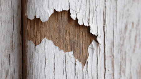 Close-up view of a wooden surface with cracked and peeling paint, showcasing the interplay of textures and colors in natural lighting, perfect for artistic use.の素材