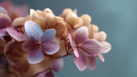 This close-up image captures delicate hydrangea blossoms with soft pink and blue petals against a gentle gradient background, evoking a serene and calming atmosphere.の素材