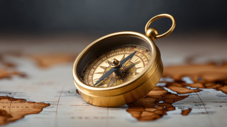This vintage compass elegantly rests on a detailed world map, symbolizing adventure and exploration. Its intricate design adds warmth and charm, perfect for travel themes.の素材