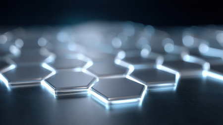 This image presents a futuristic hexagonal pattern illuminated by soft glowing edges, creating a striking visual effect. Ideal for tech and design themes.の素材