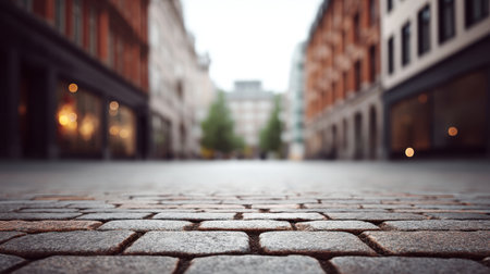 An artistic view of a cobblestone street captured from the ground level, featuring blurred urban buildings and green trees in the background, evoking a sense of serenity.の素材