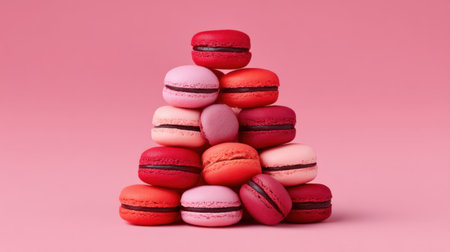 Discover a stunning visual of colorful macarons arranged in a pyramid shape against a soft pink backdrop, ideal for dessert lovers and food photographers.の素材