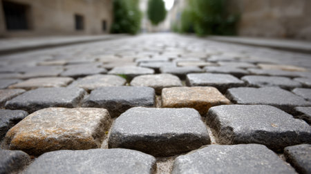 A captivating close-up view of a cobblestone street showcasing the stone texture and vibrant greenery that adorn the peaceful urban environment.の素材
