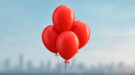 A cluster of striking red balloons floats gently against a dreamy blue sky backdrop featuring a blurred city skyline, capturing the essence of joy and celebration.の素材