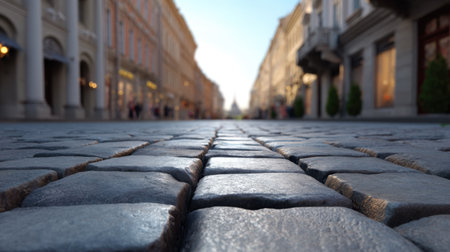 A low-angle view of a cobblestone street showcases the charming texture and warmth of the stones, surrounded by elegant buildings, providing a serene urban atmosphere.の素材