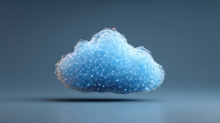 This image depicts an abstract digital cloud, symbolizing technology and data connections with glowing particles and lines, perfect for modern tech-themed projects.の素材